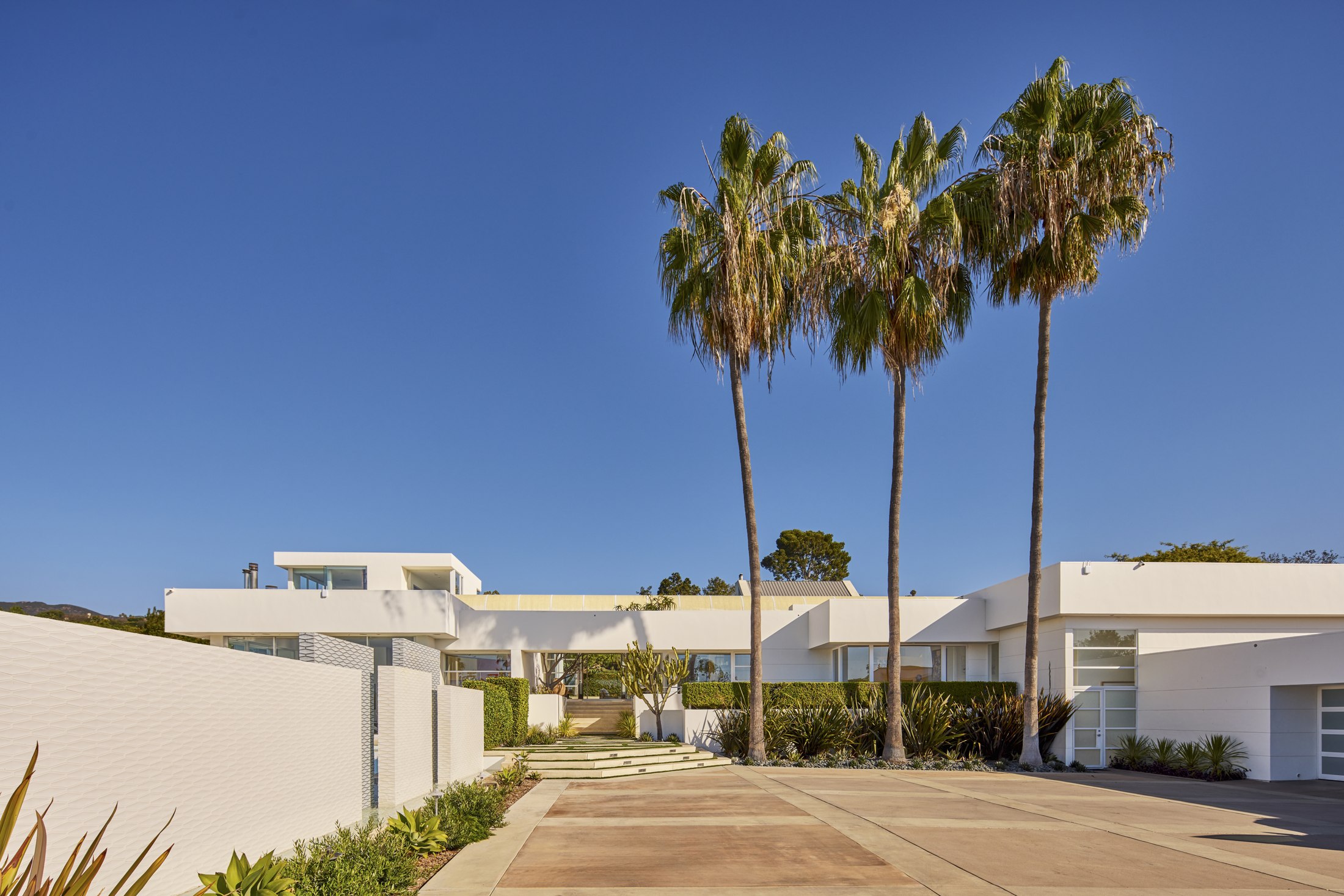 The palm-lined approach to the residence under a clear sky